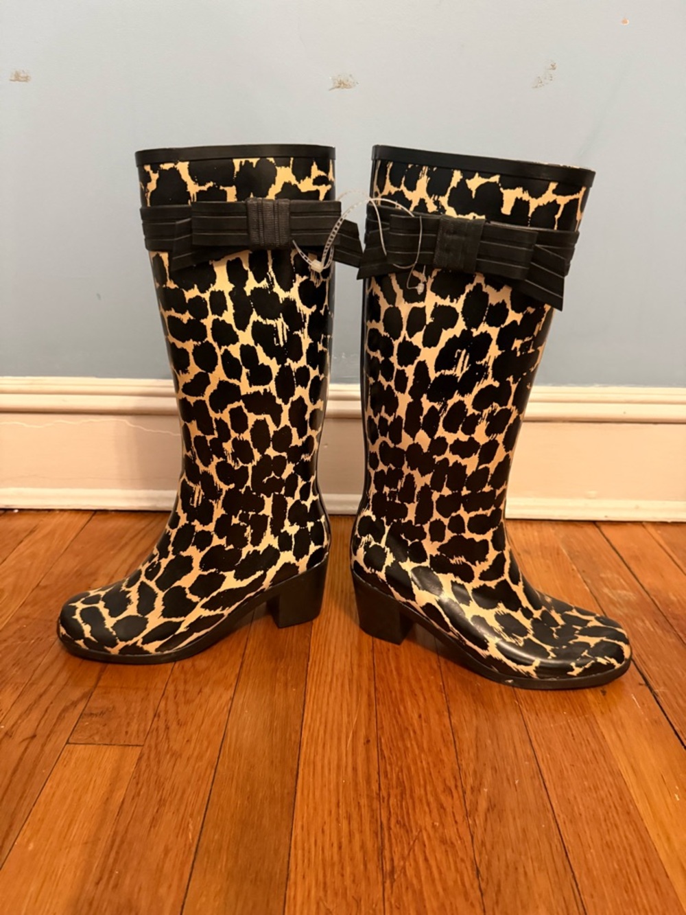 kate spade Leopard-Print Rain Boots with Bow - Black and Cream
